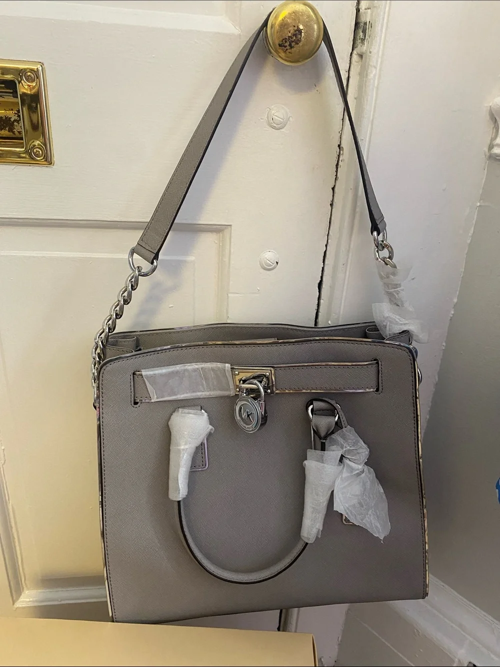Michael Kors Gray Structured Leather Tote with Chain Strap… new!!